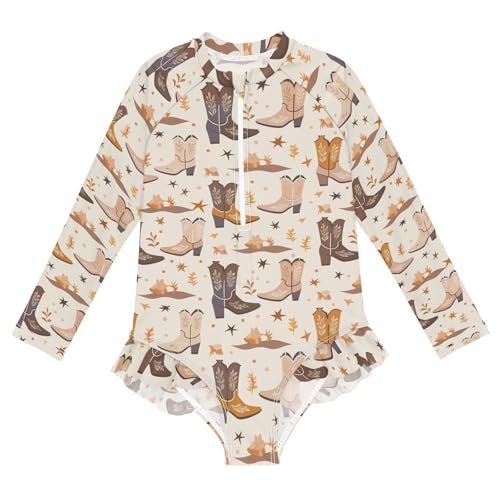 CaTaKu Girls One Piece Swimsuit Cowgirl Boots Brown Toddler Bathing Suit Long Sleeve UPF 50+ Rash Guard Swimwear 3-12Y