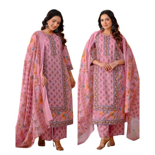 Women's Pink Floral Printed Kurta Pant with Dupatta Set-picture-37