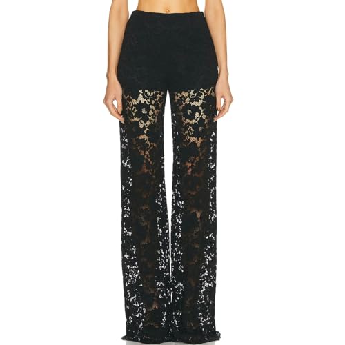 Women Sexy Floral Lace Pants Solid Color High Waist Straight Pant Casual See Through Lace Long Pant Streetwear