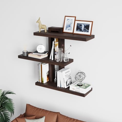 Image of yaqew Variable Wood Floating Shelves Set of 3, Wall Cube Shelves 28.35 inch Max, Wall Shelves for Living Room Bathroom Bedroom - Dark Walnut Color - 28.35 inch x 23 inch x 5.9 inch Max