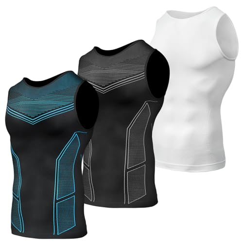 Odoland T-shirt de compression pour homme, 3 pièces, sous-vêtements de compression pour homme, body shaper, t-shirt de sport pour hommes, débardeur,...