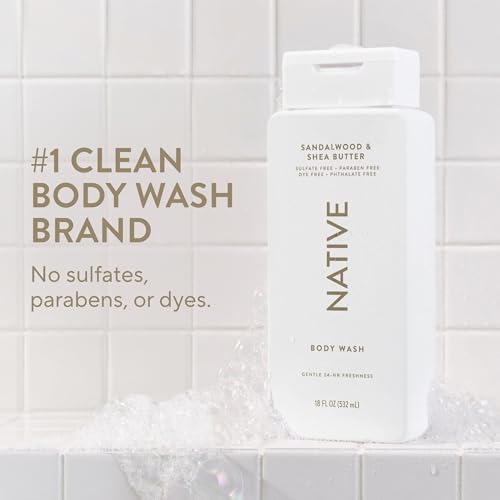 Image of Native Clean Body Wash, Gentle & pH-balanced for Sensitive Skin, 24-Hr Freshness for Men & Women, Vegan & Cruelty-Free, Free of Sulfates & Parabens, Sandalwood & Shea Butter, 18 fl oz
