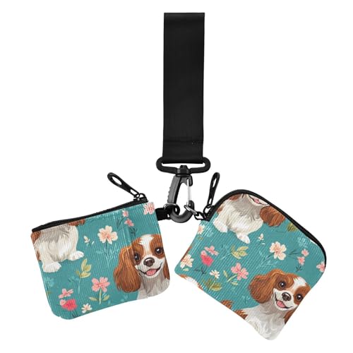 Cartoon Cute Cavalier King Spaniel Dogs Turquoise_2 Women's Dual Wallets Business Card Cases Minimalist Zipper Wristlet Wallet with Zipper Pocket for Women 2 Pcs