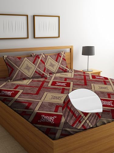 Image of DECORUM Glace Cotton Fitted 1 Bedsheet King Size (72 inchx78 inch) | All Around Elastic | Cotton Feel | 2 Pillow Covers (17 inchx27 inch) | Fits Up to 8 inch Mattress | 200-220 TC | Printed Double Bed Sheet Set