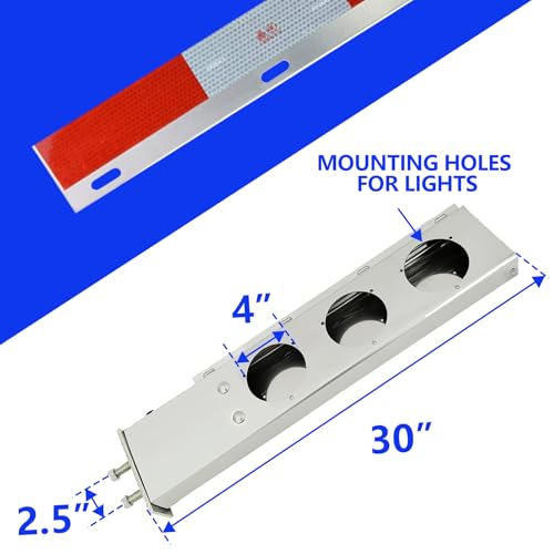 Image of Stainless Steel Mud Flap Hanger Set 2-1 /2 inch Bolt Spacing 30 inch Length Rear Bar with Light Cutouts for Semi Trucks, 2.5 inch Bolt Spring Loaded with Aluminum Reflective Tapes (Circle Light Cutouts)