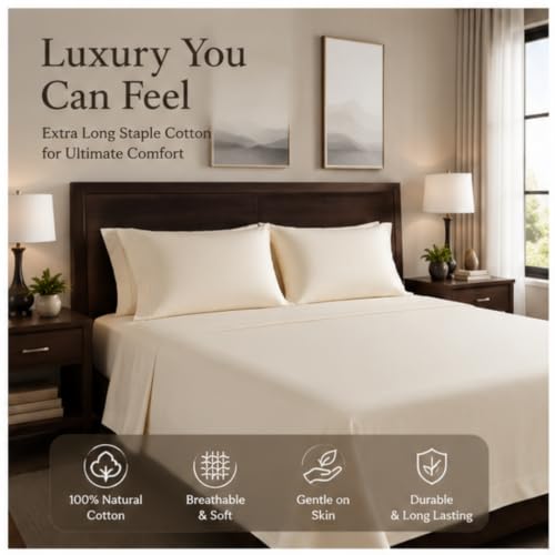 Image of Egyptian Cotton Feel Full Size Flat Bedsheet with 2 Pillow Covers | 1000 TC Soft & Breathable | Ivory Solid Pattern for Bedrooms and Hotels Use (Size: 90 x 100 Inch)