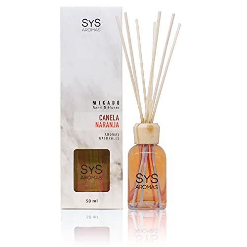 SYS Aromas ambientador Mikado Canela e laranja, difusor com 8 varetas de rome, longa duração, coleção de mármore - ideal para casa, escritório, casa de banho - 50 ml