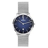 Die schöne Herren-Armbanduhr besteht aus silbernem Edelstahl und hat einen Durchmesser von ca. 38 mm