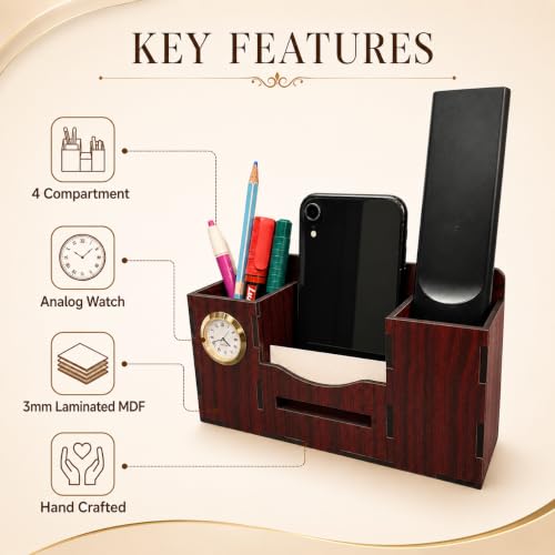 Image of Zesta Wooden Desk Organizer Pen Stand Remote Holder Card Slot | Table Accessory Office Desk Study Room | Pencil Storage Stand Stylish Workspace Decor (Rosewood, Organiser with Watch)
