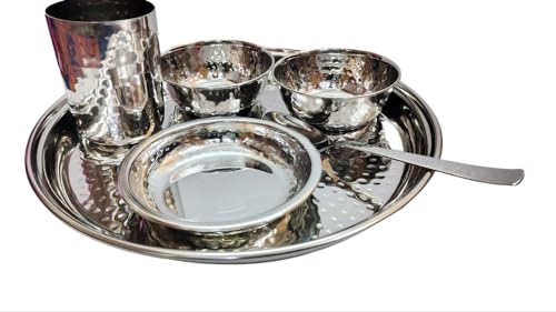 Bona fide steel dinner plate set 6 pieces steel Traditional Dinner Set Of Thali Plate, Bowls, Glass And Spoon diameter 11 inch full copper and steel