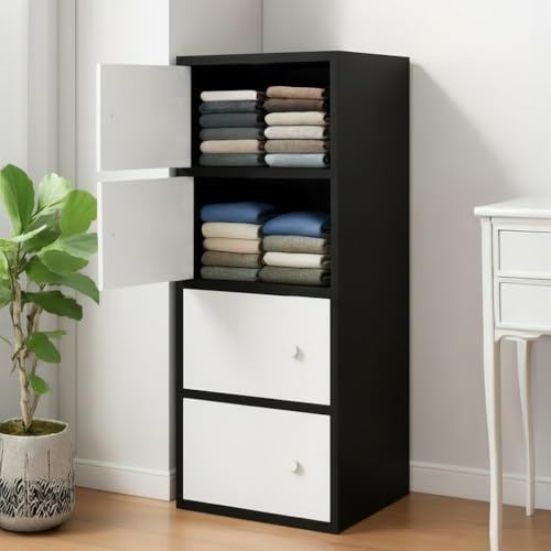 Image of 4-Door Morden Wooden Collapsible Wardrobe for Storage /Space Saving Wooden Wardrobe with Doors /Collpsible Storage Organiser /Living Room - (Black, 4 Layer)