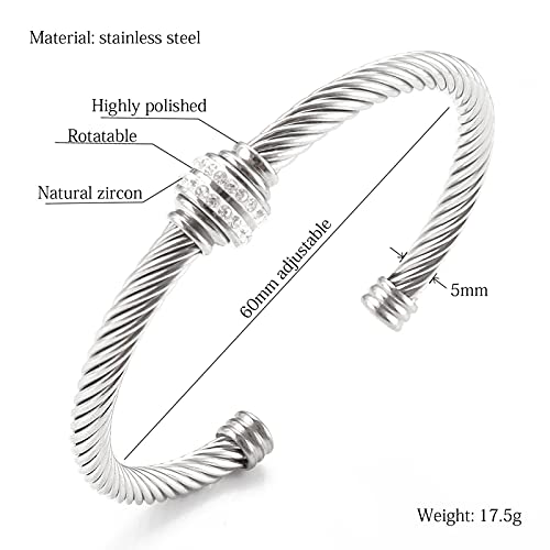 Tiyad Cable Bracelet Stainless Steel Vintage Twisted Wire Composite Open Bangle Bracelet, Adjustable Cuff Bangle Bracelet For Women & Men, Girls, Teens, Mother Day Gifts（Silver (Silver) #TOP4