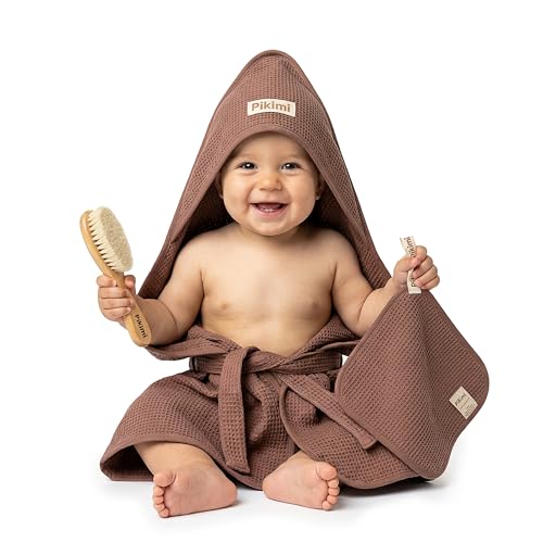 Pikimi® Set De BañO Para Bebé 4 Piezas – Toalla Bebé Con Capucha 90×90 Cm, Minitoalla, CinturóN, Cepillo – Capa De BañO Para ReciéN Nacido – AlgodóN 100% OEKO-TEX® –Talla 0–4 AñOs – Regalo Bebé Unisex-image