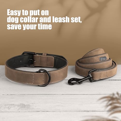 Image of Didog PU Leather Dog Collar and Leash Set, Soft Padded, Brown, Neck 18-22 inch