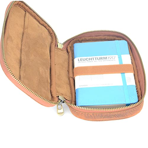 JJNUSA Leather Notebook for Writing Vintage Rocketbook Mini Leather Travel Journal Cover for Leuchtturm 1917 A6 Hard cover Field Notes 3.5" X 5.5" Moleskine Cahier for Jottbook Pouch Zipper Wallet Bag3