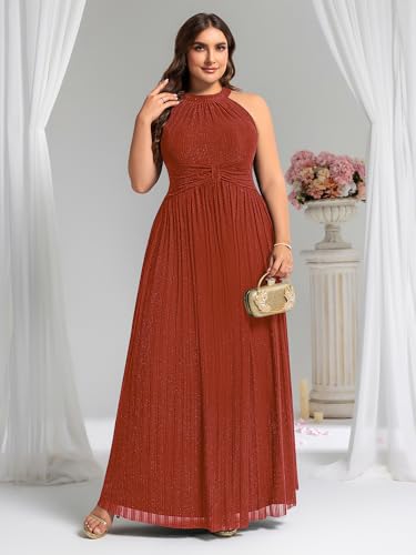 Image of Ever-Pretty Plus Women's Floor Length A-Line Halter Sleeveless Pleated Glitter Plus Size Formal Dress Evening Gown