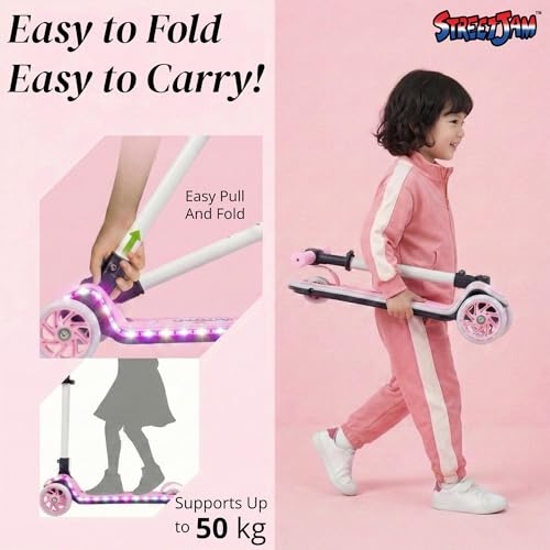Image of STREETJAM Blinkie Kids LED Kick Scooter for 3-12 Years, LED Deck with Multiple Light Modes (1st Time in India), BIS Approved, Extra Wide Deck, Rechargeable, Up to 50 kg Load (Baby Pink with Grey)