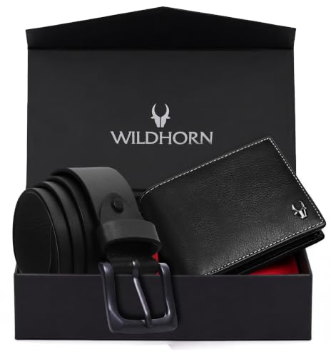 Image of WildHorn Gift Hamper for Men I RFID Protected Leather Wallet & Belt Combo Gift Set I Gift for Friend, Boyfriend,Husband,Father, Son Etc (Jade Black & Black)