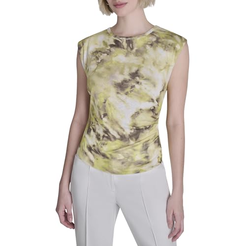 DKNY Women's Crew Neck Cap Sleeve Asymmetrical Top, Sage/Limeade Multi, Large by DKNY - Used condition - US$39.81