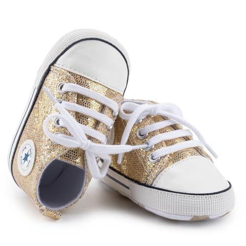 Image of Unisex Baby Girls Boys Canvas High-top Shoes, Newborn Infant Anti-Slip Soft Sole Frist Walking Breathable Sneakers