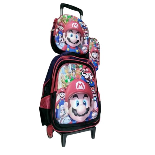 Kit Mochila Mario Bros em 3D com Rodinhas + Lancheira Térmica + Estojo Escolar