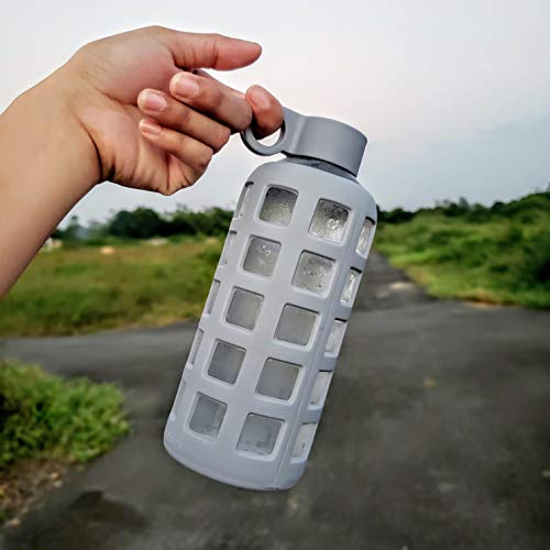 purifyou 40oz / 32oz / 22oz / 12oz Borosilicate Glass Water Bottle with Time & Volume Markers, Silicone Sleeve, Stainless Steel Lid | Reusable Glass Bottle for Water & Juice (12oz Pastel Gray)