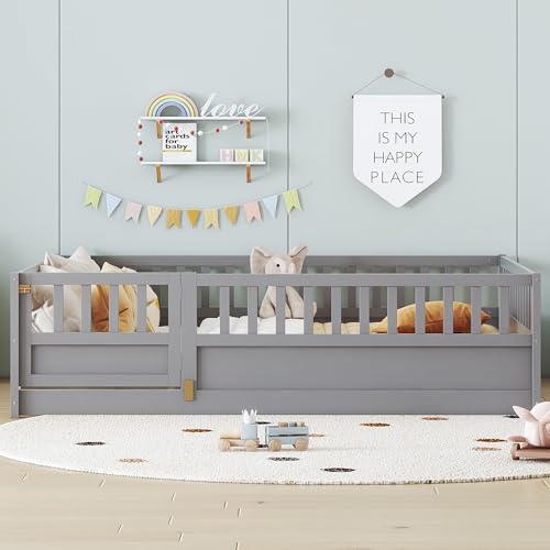 Image of Bellemave Full Size Kids Montessori Floor Bed,Solid Wood Floor Bed Frame with High Fence and Lockable Door for Kids,Girls,Boys,Full,Gray