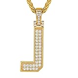 Suplight Custom Name Pendant, J Necklace, Mens Womens Capital Initial Letter Pendant Necklace, Bling Jewelry Necklace, Gold Plated Simulated Diamond Necklace for Men