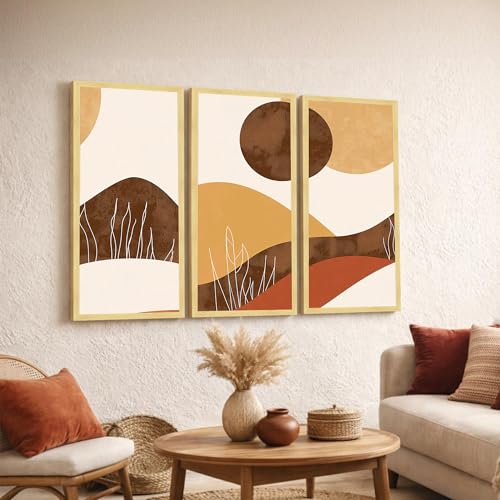 Image of PAINTINGMANTRA Abstract Landscape Framed Wall Art Set of 3 | Modern Boho Geometric Wall Decor | Engineered Wood Frame Prints for Living Room, Bedroom & Office, 8.9x18.9 Inch