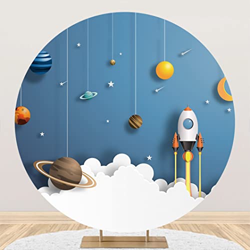 Leyiyi 7.2x7.2ft Cartoon Spaceship Round Backdrop Cover Space Theme Birthday Party Phtography Background Universe Planet Rocket Mysterious Galaxy Round Backdrop for Kids Boys Birthday Party Decor