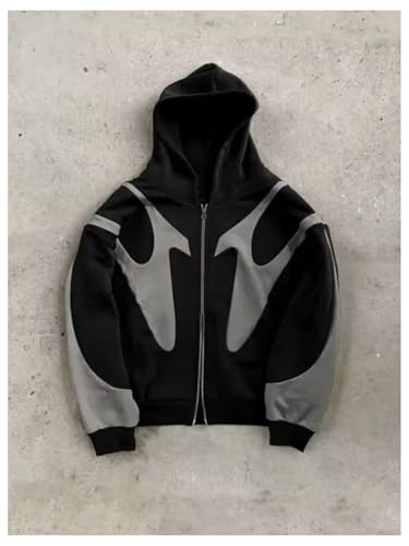 Men's Oversized Zip Up Hoodie Color Block Long Sleeve Hooded Sweatshirts Retro Jacket Streetwear3