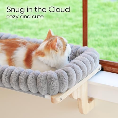 Image of Zakkart SnugCloud Cat Window Perch with 4-Sided Bolster - Large Cat Hammock for Window Sill - Solid Hardwood & Metal Frame - Window Seat for Pets (Natural Color Wood w /Gray Bed, Large)