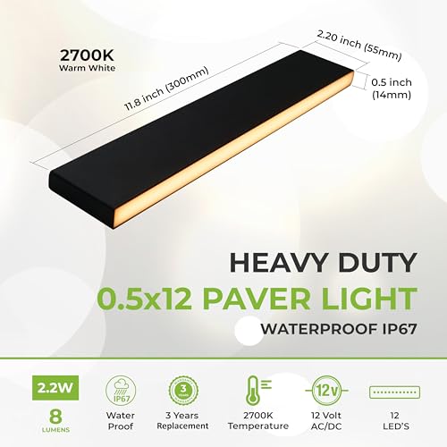 Image of LUMENGY Paver Light Slim 0.5x12 Inch (0.55x11.8), 2700K Warm White, Glare-Free Linear Lighting for Driveways, Walkways and Paver Borders, 12V Hardwired, IP67 Waterproof, Drive-Over Rated