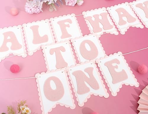 Image of Half Way To One Pink Banner - Sweet 6 Months Birthday Decorations,Pink Cake Smash Photo Backdrop,Little Princess 1 /2 Birthday Party Banner,Home Wall Mantel Hanging Garland.