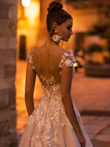 Zeeyecie V Back Wedding Dresses Sexy Elegant A-Line Glitter Lace Applique Floor Length Long Bridal Gown for Bride 20254
