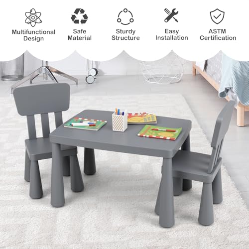 Image of Costzon Kids Table and Chairs, 3 PCS Plastic Toddler Table Set (Gray) | Easy Clean Activity Desk Set for Reading, Drawing, Snack Time, Art Craft, Suitable for Preschool, Playroom, Indoor & Outdoor
