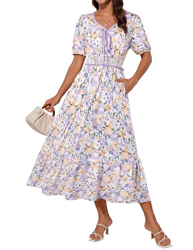 Image of GRACE KARIN 2025 Women's Summer Floral Flowy A Line Midi Dresses Elegant Short Sleeve Smocked V-Neck Tiered Dresses