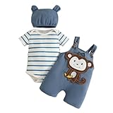 JENJON Conjunto de 3 Piezas para Bebés Niño de Verano Tops de Dibujos Animados + Babero con Pantalones a Bretelles de Oso y Cachorro Ropa de Primavera Traje 3Pcs Mono de rayas azules 3-6 Meses