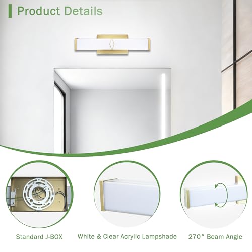 Image of 16 Inch Bathroom Vanity Light 2000LM, 5700K Daylight White Modern Bathroom Light Dimmable, AC 120V 20W Gold LED Vanity Lighting Fixtures Wall Sconce ETL Certified, 2Pack