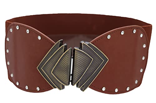 Women Fashion Wide Elastic Brown Belt Hip High Waist Gold Metal Fans Buckle Size S M