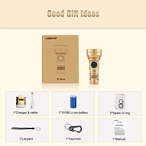 Lumintop Gt Nano Brass Flashlight 450 Lumens Rechargeable Mini Edc Keychain Small Torch 300 Meters Beam Distance Compact Bright With Single 10180 Li-Ion Battery #TOP6