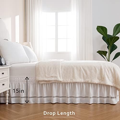 MIYE Wrap Around Ruffled Lace Bed Skirt, Elastic Dust Ruffle with Adjustable Belts,15 Inch Drop Easy to Put On, Bed Frame Cover, Machine Washable (Ruffled Lace, King/Queen-15)