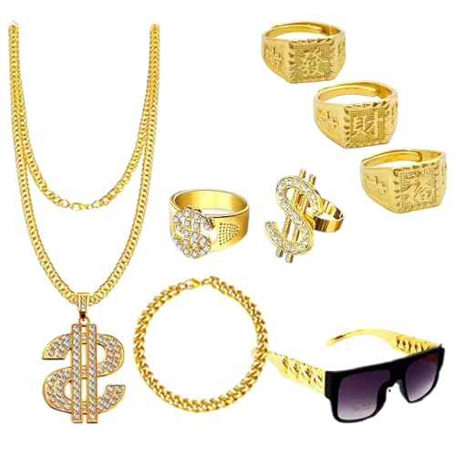 Achbeah 8 Stück Zuhälter Kostüm 80er 90er Jahre Retro-Stil Accessoire Hip Hop Rapper Kostüm Goldkette Dollar-Halskette Sonnenbrille Hanzi-Ringe Ideal für Karneval Fasching Hip Hop Mottoparty