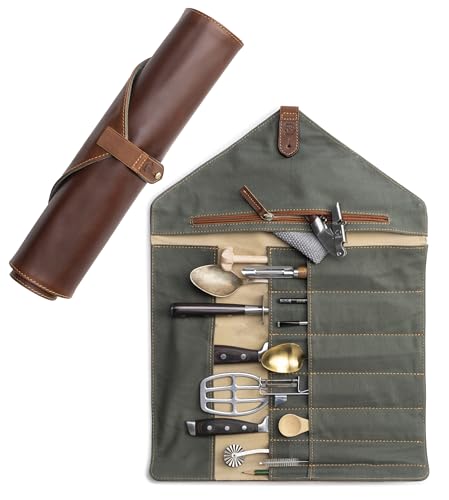 Angus Stoke Messertasche für Kochmesser aus Büffelleder | 14-Fächer Leder-Messerrolle für Köche – Messer, Kochtasche Gross Gustav (Braun)