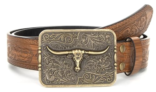 Men Women Brown Cow-Head Buckle Western Cowboy Belt Floral Carved PU Leather Cowgirl Belt - Vintage Longhorn Waist Belt