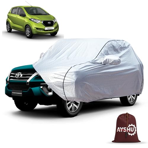Image of AYSHU Waterproof Car Cover Compatible with Datsun Redi GO | Mirror & Antenna Pocket | Anti-Scratch Soft Cotton Inner Layer | Triple Stitched | Heat Resistant Metallic Silver | All-Weather Protection