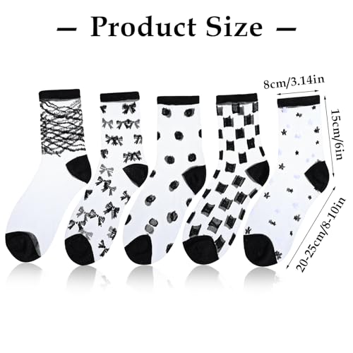 Image of Lusofie 5 Pairs Sheer Black See-Through Socks - Checkered Dot Striped Plaid Ankle Summer Socks for Women - Thin Fashion