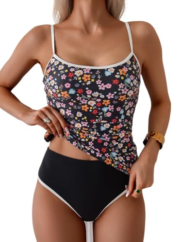 Image of Eomenie Women's Tankini Swimsuits Two Piece Tummy Control Bathing Suit Color Block Slim Swimwear with High Waisted Bottom