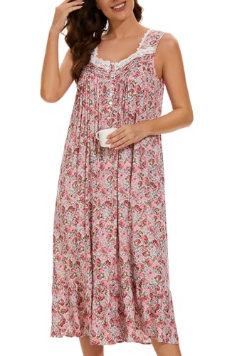 Image of AVIIER Cotton Nightgowns for Women Sleeveless House Dress Ladies Long Nightdress with Pockets S-XXL