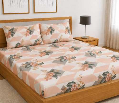 Image of Fitted Bedsheet Peach Floral Chevron Print Glace Cotton 210 TC | Full Single Size for Single Bed Fits 4 x 6.25 ft Mattress (48 x 75 Inch) | All Around Elastic | 2 Pillow Covers | 7 Inch Deep Pocket